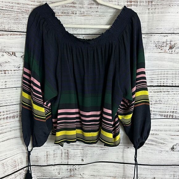 Apiece Apart top womens Sz 0 silk Blouse smocked off shoulder striped tassel - Picture 4 of 13